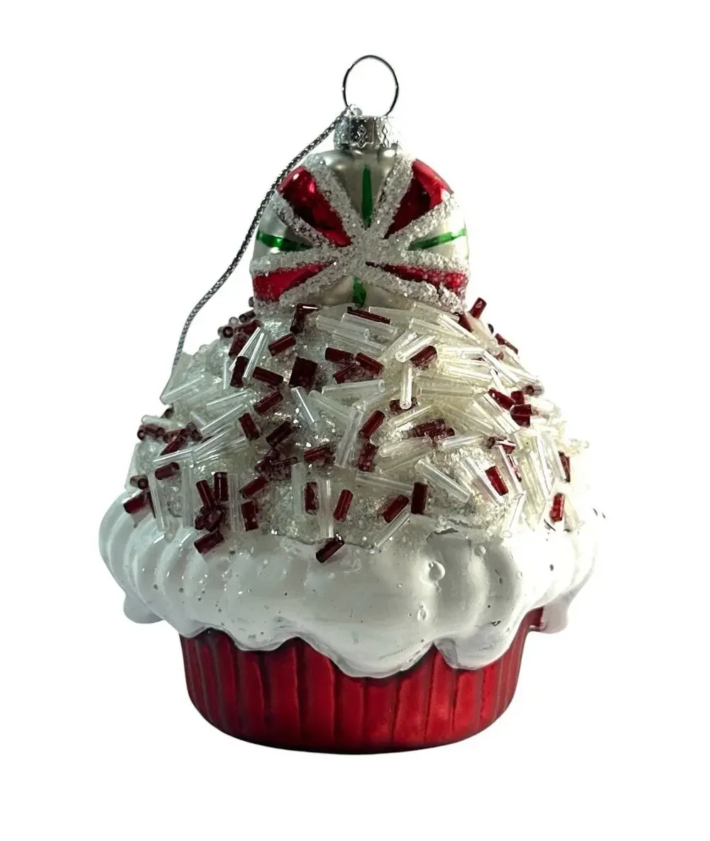 Peppermint Cupcake Blown Glass Christmas Ornament Beaded Sprinkles 4”